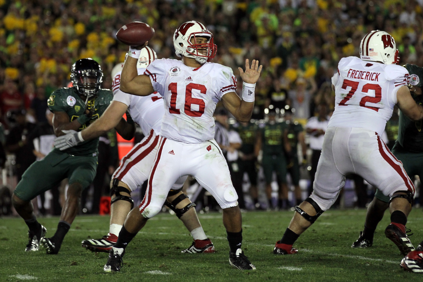 Wisconsin quarterback Russell Wilson drops back to pass against Oregon in the 2012 Rose Bowl.