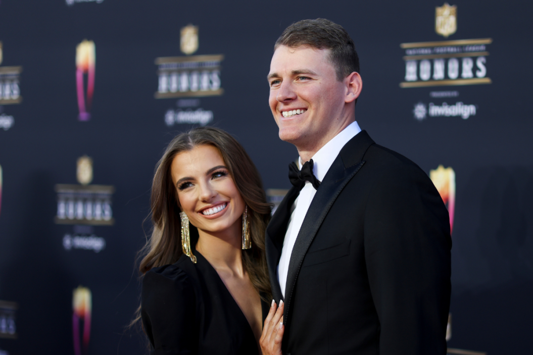 Mac Jones and Sophie Scott arrive for the NFL Honors show at the YouTube Theater