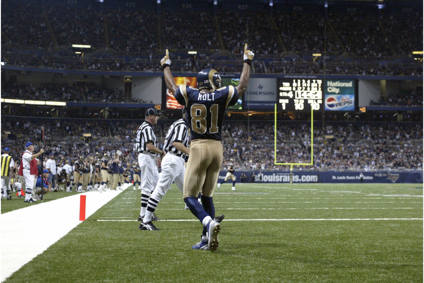 St. Louis Rams celebrates against the Tennessee Titans in 2005.