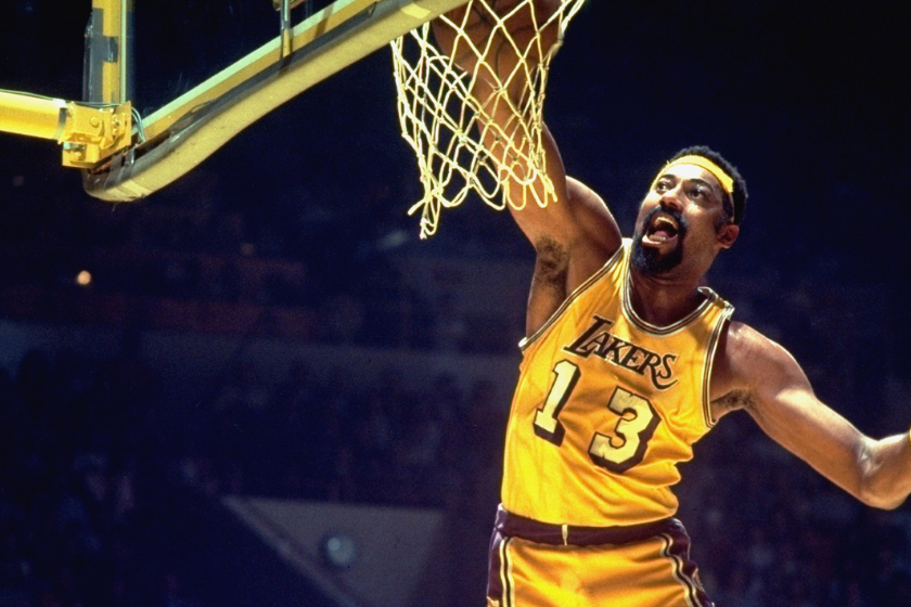 Wilt Chamberlain dunks in the 1973 NBA Finals.