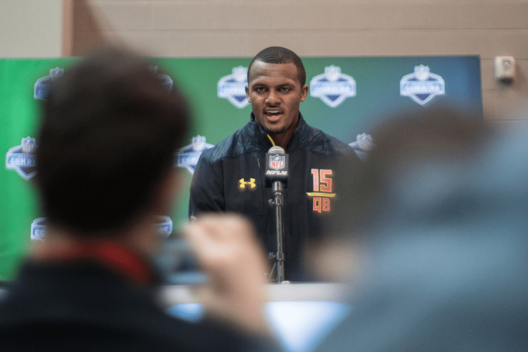 Deshaun Watson answers questions at the NFL Combine.
