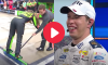 danica patrick helps crew member during rain delay, while brad keselowski comments about it in the studio