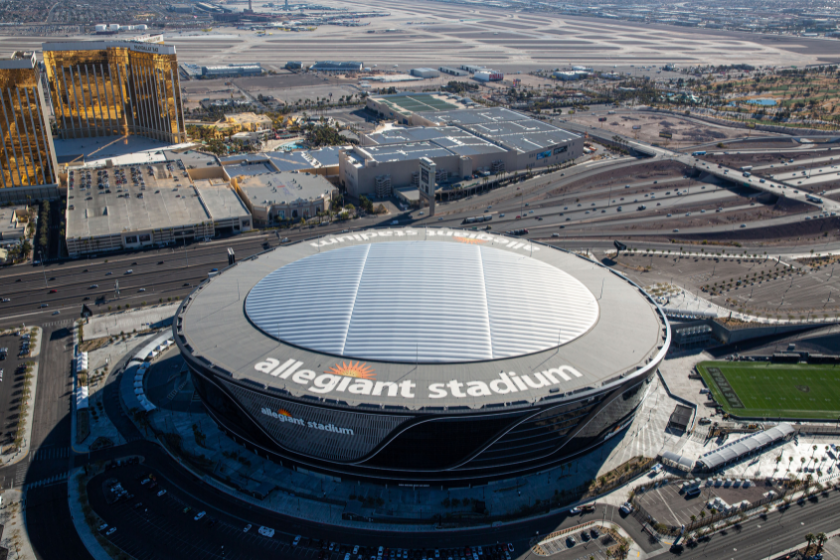 An aerial view of the home of the Las Vegas Raiders, Allegiant Stadium.