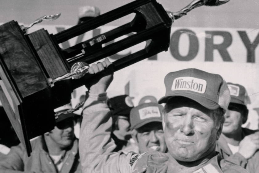 Cale Yarborough hoists trophy after winning 1977 Daytona 500