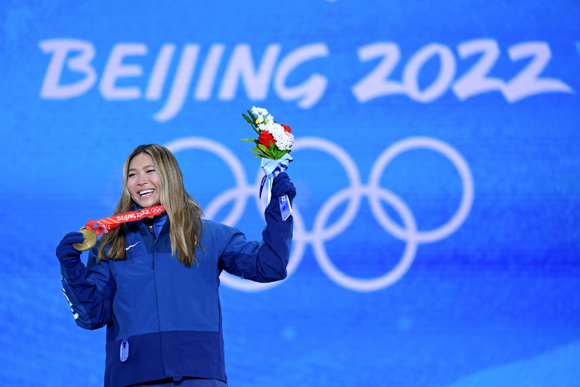 Chloe Kim receives her gold medal at the 2022 Beijing Olympics.
