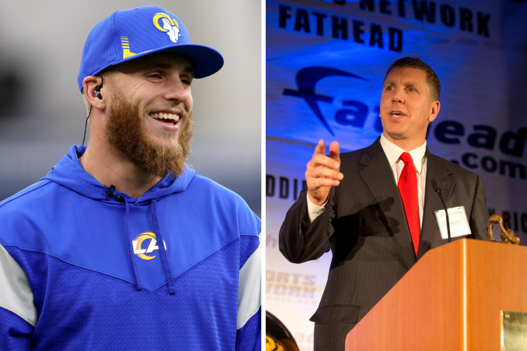 Los Angeles Rams wide reciever looks on during a Wild Card playoff game against the Arizona Cardinals (left). Craig Kupp accepts the Jerry Rice Award, given to the most outstanding freshman in FCS, in 2013 (right).