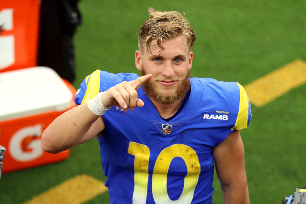 Cooper Kupp celebrates a win after a game against the Detroit Lions at SoFi Stadium on October 24, 2021.