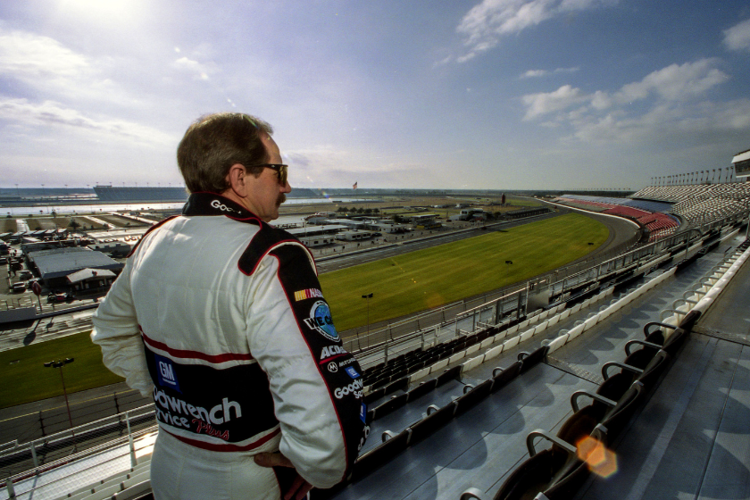 Dale Earnhardt checks out the view from the newly completed Earnhardt Grandstand during winter testing, two weeks before the Daytona 500, at Daytona International Speedway, Daytona Beach, FL