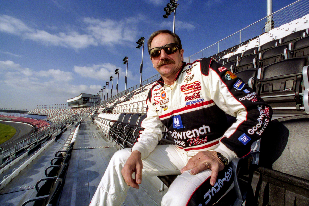 Dale Earnhardt checks out the view from the newly completed Earnhardt Grandstand during winter testing, two weeks before the Daytona 500, at Daytona International Speedway, Daytona Beach, FL