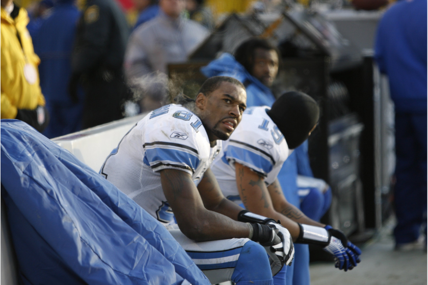 Calvin Johnson looks on the Detroit Lions lose to the Green Bay Packers in 2008.