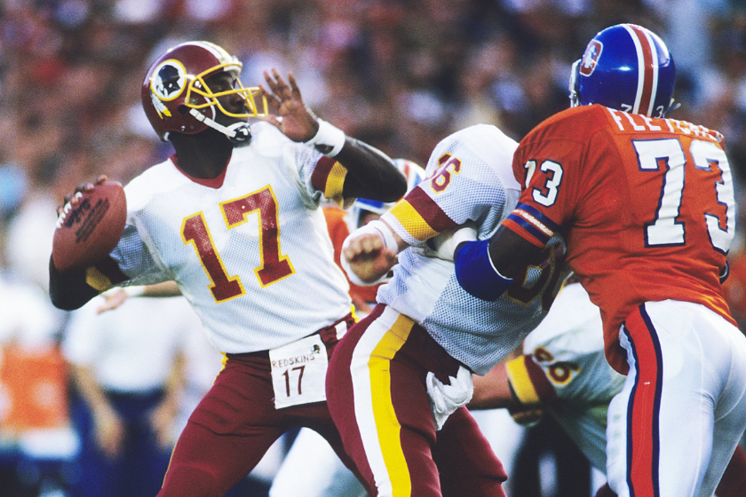 Doug Williams rears back to launch a pass during Super Bowl XXII.