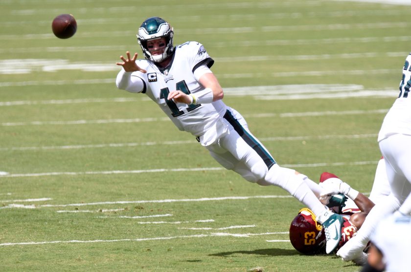 Carson Wentz throws a pass during a 2020 NFL game.