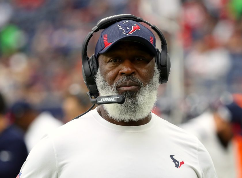 Defensive Coordinator Lovie Smith of the Houston Texans on the field during the first half against the Los Angeles Rams at NRG Stadium on October 31, 2021.