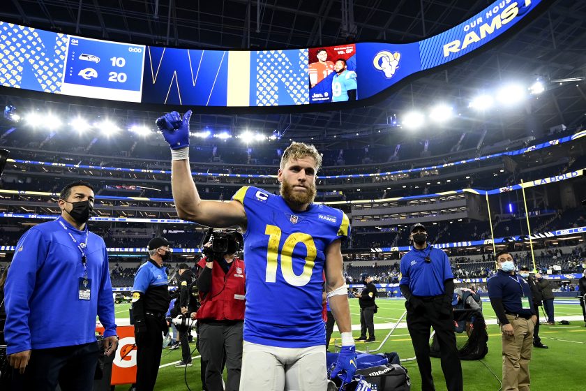 Cooper Kupp celebrates after defeating the Seattle Seahawks at SoFi Stadium on December 21, 2021.