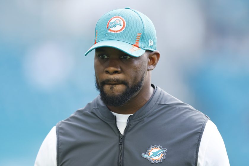 Head coach Brian Flores of the Miami Dolphins looks on prior to the game against the New England Patriots at Hard Rock Stadium on January 09, 2022.