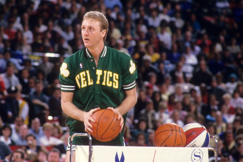 Larry Bird shoots a ball during the 1988 NBA three point contest.