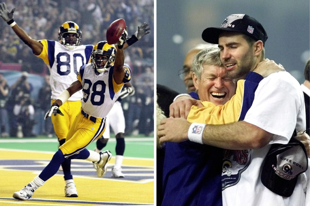 St. Louis Rams wide receiver Torry Holt (R) and wide receiver Isaac Bruce (L) celebrate Holt's touchdown catch, St. Louis Rams head coach Dick Vermeil (L) and quarterback Kurt Warner (R) embrace after the Rams defeated the Tennessee Titans 23-16 in Super Bowl XXXIV