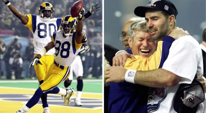 St. Louis Rams wide receiver Torry Holt (R) and wide receiver Isaac Bruce (L) celebrate Holt's touchdown catch, St. Louis Rams head coach Dick Vermeil (L) and quarterback Kurt Warner (R) embrace after the Rams defeated the Tennessee Titans 23-16 in Super Bowl XXXIV