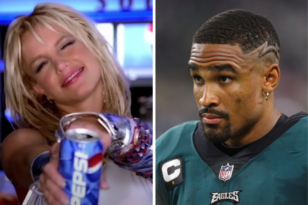 Britney Spears in her iconic Pepsi Super Bowl Commercial, which cost more than Jalen Hurts made getting the Eagles to Super Bowl LVII.