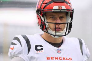 Joe Burrow looks on during a game.