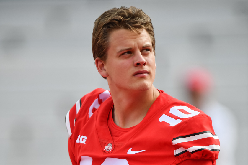 Joe Burrow #10 of the Ohio State Buckeyes warms up before a game against the Maryland Terrapins