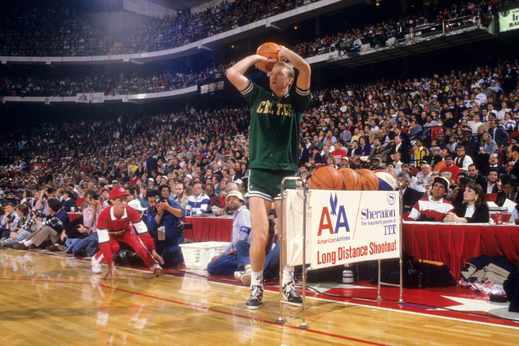 Larry Bird shoots in his warm up during the 1988 NBA 3-Point Contest.