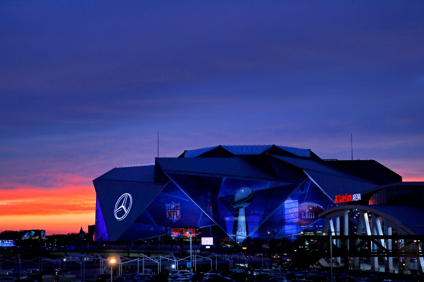 Atlanta's Mercedez Benz Stadium at sunset prior to hosting Super Bowl LIII.