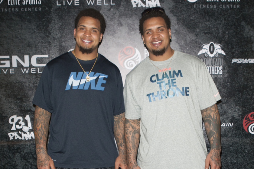 NFL Players Mike Pouncey and Maurkice Pouncey attend the Pacific Elite Sports Fitness Center Grand Opening