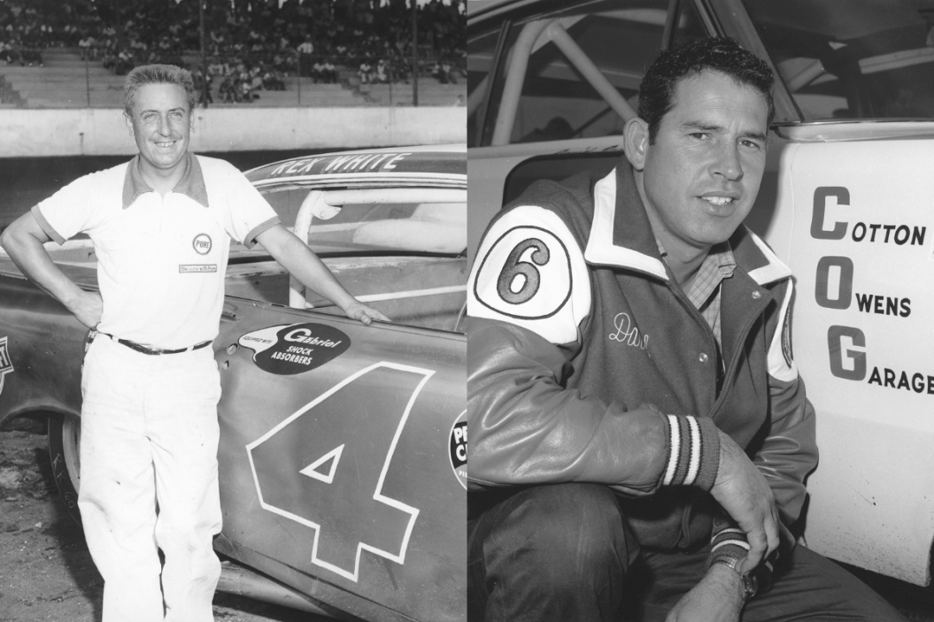NASCAR driver Rex White stands alongside stock car in 1960 ; David Pearson kneels by Cotton Owens Garage stock car
