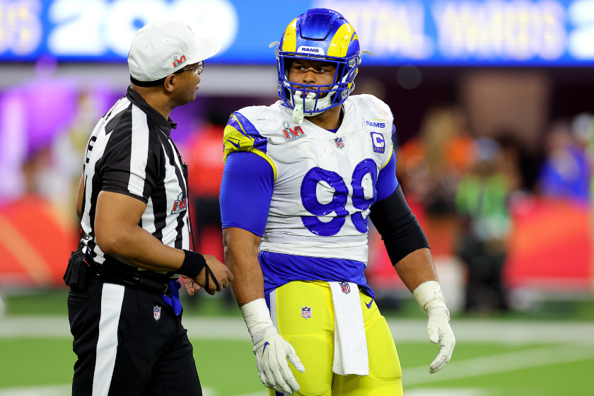 Aaron Donald discusses a call with a NFL ref during Super Bowl LVI.