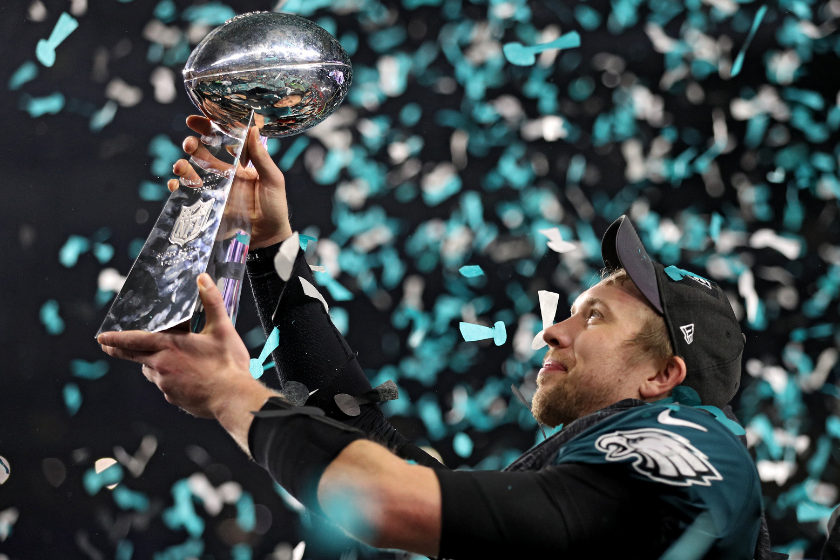 Nick Foles with the Lombardi Trophy after the Philadelphia Eagles Super Bowl win.