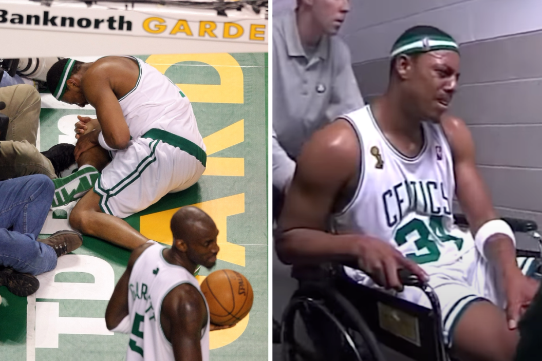 Paul Pierce lays on the court, Paul Pierce exiting in a wheelchair
