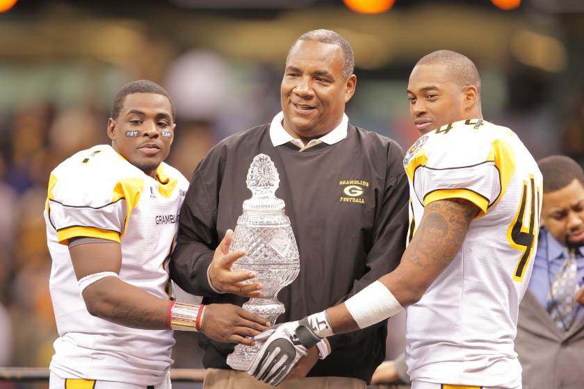 Grambling State head coach Rod Broadway celebrates a win with his team.