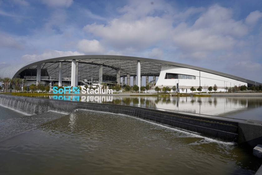 An exterior view of SoFi Stadium, home of the Los Angeles Rams and Los Angeles Chargers, in Inglewood, California.