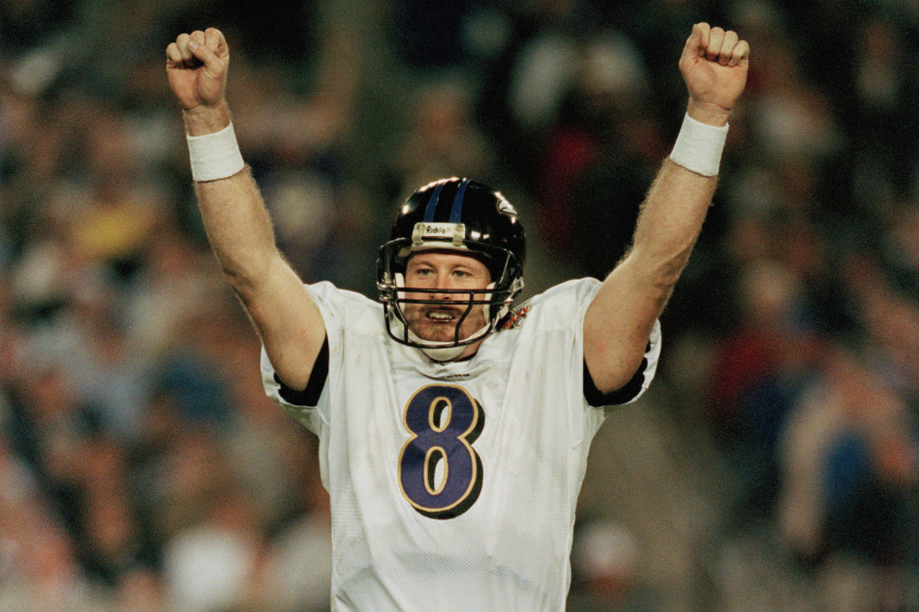 Trent Dilfer celebrates a Baltimore Ravens touchdown in Super Bowl XXXV