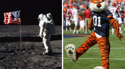 Buzz Aldrin next to the American Flag on the Lunar Surface, Aubie the Tiger
