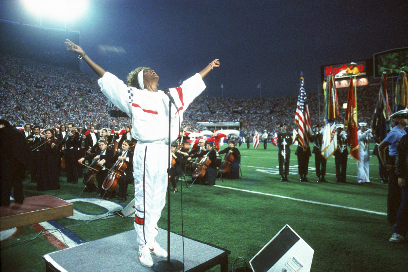 Whitney Houston finishes her rendition of the Star Spangled Banner before Super Bowl XXV