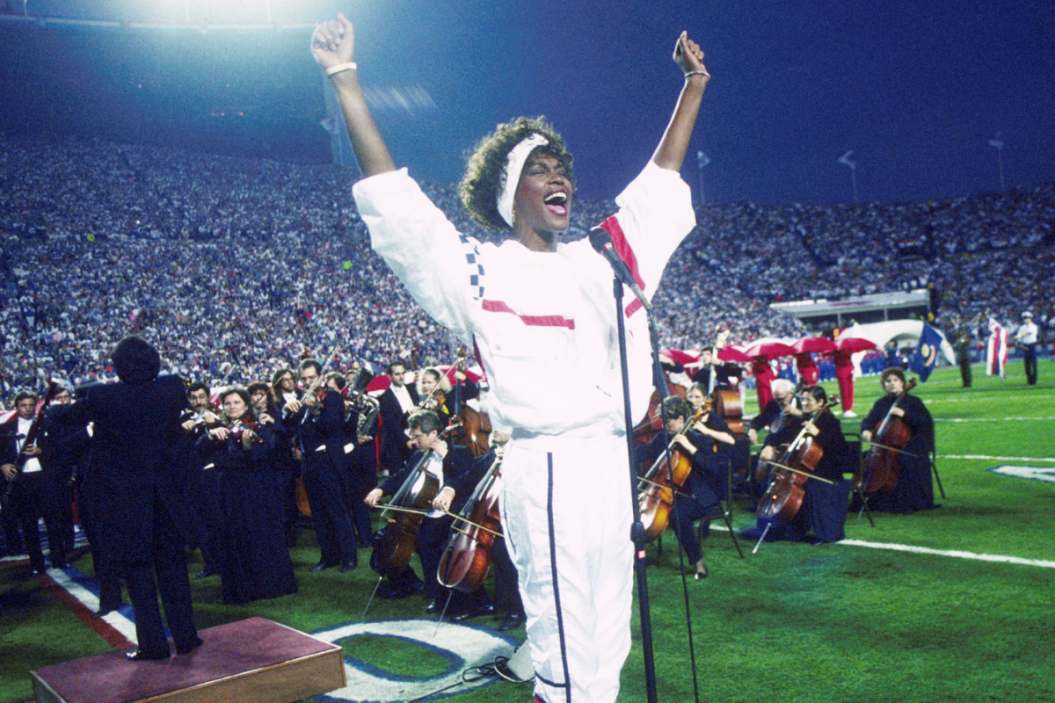 Whitney Houston sings the National Anthem at the Super Bowl in 1991
