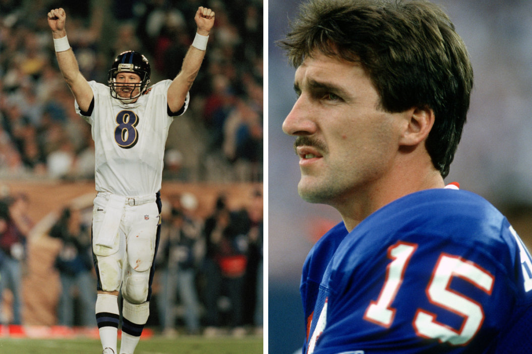 Trent Dilfer celebrates a Super Bowl touchdown, Jeff Hostetler looks on from the Giants' sideline