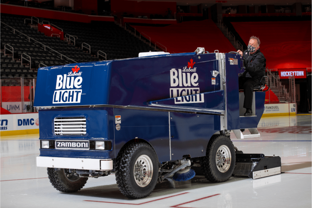 Al Sobotka drives a zamboni before a game between the Detroit Red Wings and Carolina Hurricanes.
