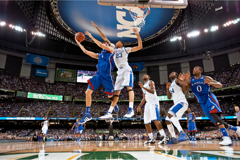Anthony Davis contests a shot in the 2012 National Championship game against Kansas.
