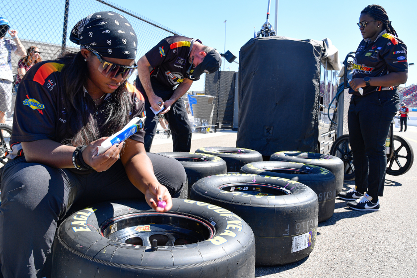 Brehanna Daniels works in the pit area during qualifying for the Ruoff Mortgage 500 at Phoenix Raceway on March 12, 2022