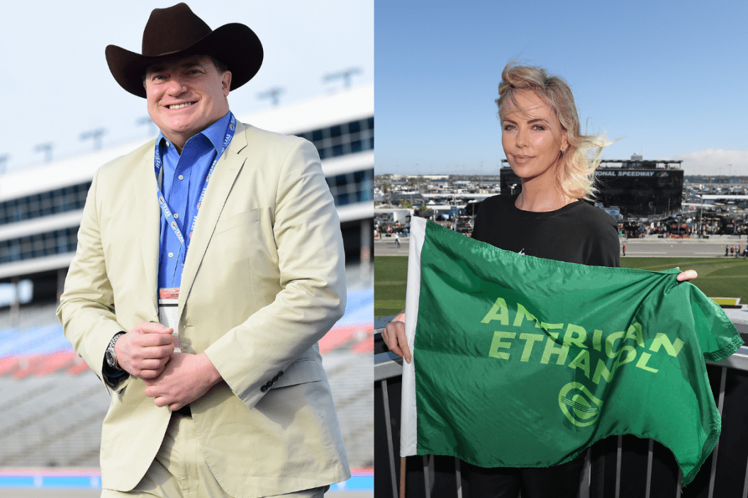 Brendan Fraser stands on the grid prior to the 2019 O'Reilly Auto Parts 500 at Texas Motor Speedway; Charlize Theron poses with the green flag prior to 2019 Daytona 500