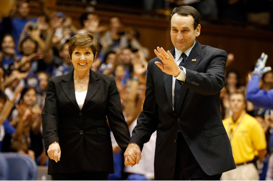 Mike Krzyzewski and his wife Mickie Krzyzewski and his wife celebrate him breaking the NCAA career wins record in 2011.