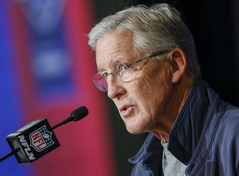 Pete Carroll talks to reporters at the 2022 NFL Combine.