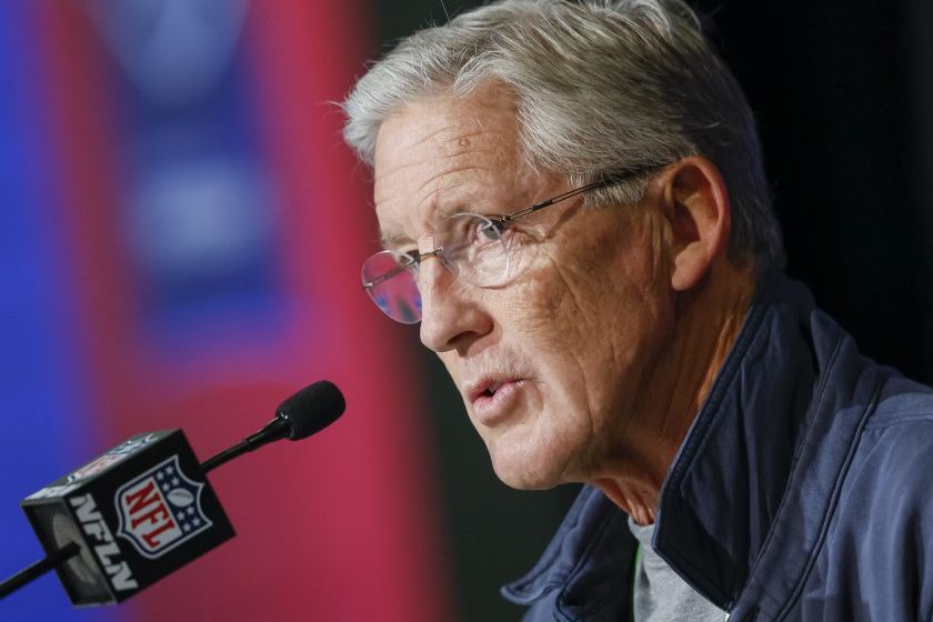 Pete Carroll talks to reporters at the 2022 NFL Combine.