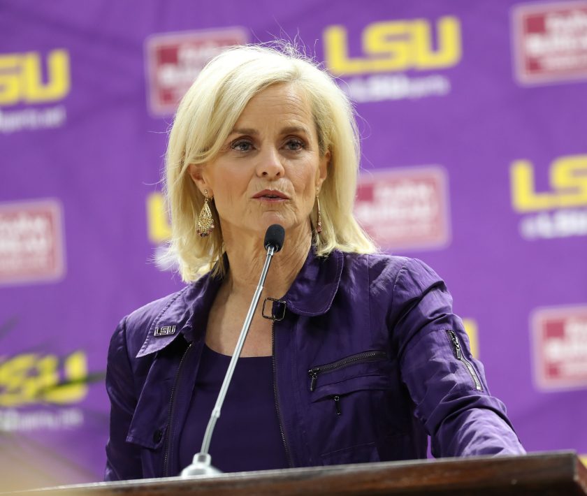 kim Mulkey speaks at a press conference in 2021.