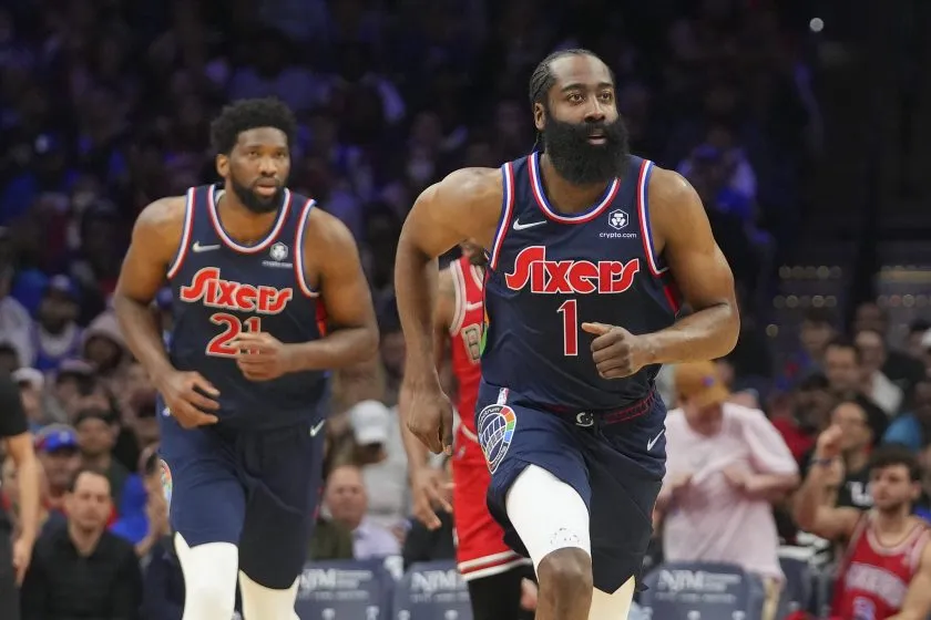 PHILADELPHIA, PA - MARCH 07: James Harden #1 and Joel Embiid #21 of the Philadelphia 76ers run up the court against the Chicago Bulls at the Wells Fargo Center on March 7, 2022 in Philadelphia, Pennsylvania. The 76ers defeated the Bulls 121-106.