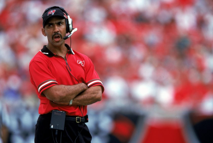 Tony Dungy of the Tampa Bay Buccaneers looks on from the sidelines during a game against the Denver Broncos at the Raymond James Stadium in Tampa Bay, Florida.