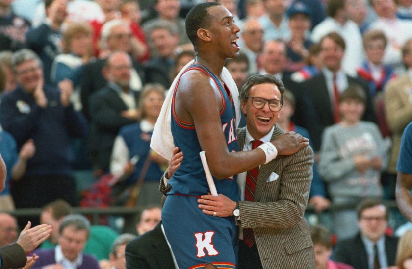 Kansas coach Larry Brown and Danny Manning hug after advancing to the Final Four in 1988.